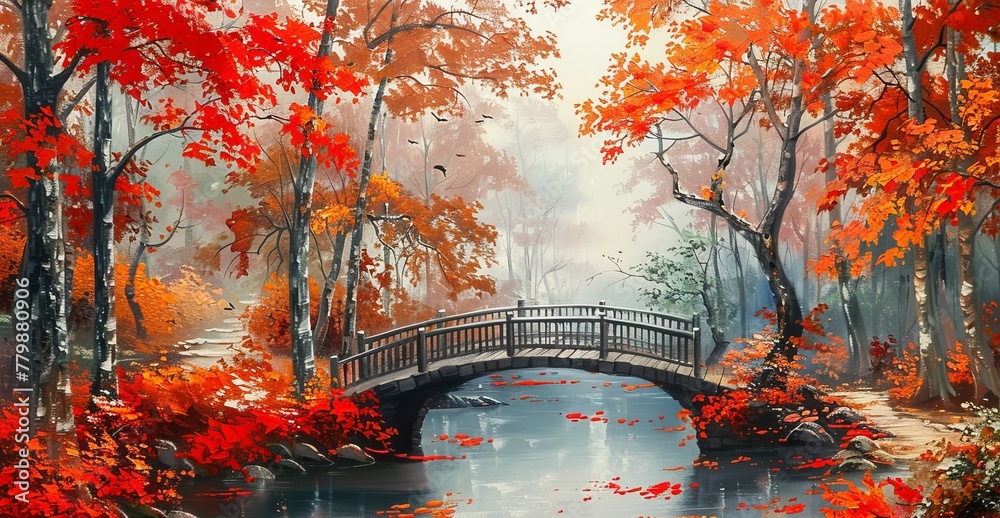 Poster bright red leaves in an autumn forest, with a river and bridge over it