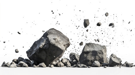 Rock stone white background fall black falling space isolated splash dust mountain cliff flying. Earth stone boulder texture rock abstract broken powder white dirt blast float burst fantasy surface - Powered by Adobe