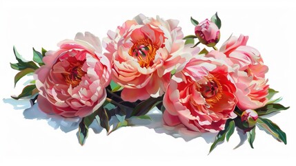 Isolated white peonies in an oil painting.