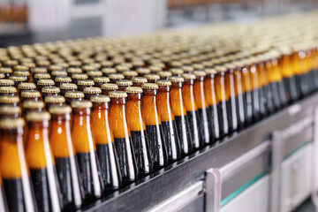 Bottling Process in Beer Factory, bottles on conveyor belt in modern brewery.