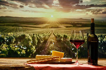 Glass of red wine and bottle on wooden table with cheese and breadsticks with vineyard during...