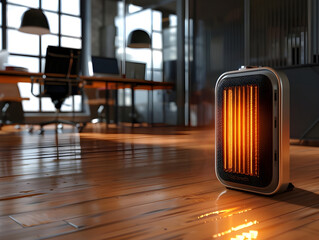 Warm glow of space heater on polished wooden floor - Ai Generated