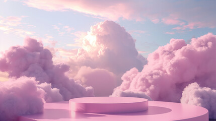 Background podium pink 3d product sky platform display cloud pastel scene render stand. Pink podium stage minimal abstract background beauty dreamy space studio pedestal smoke showcase geometric white