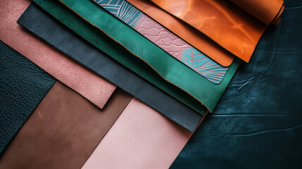 Leather Samples in Brown, Black, Green and Pink: Raw Leather Swatches in Earthy Hues & Textured Patterns - Material Samples for Craft and Design. Top View Flat Lay.