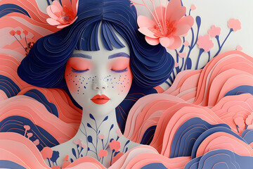 Creative paper cut poster with Asian women's face and floral patterns