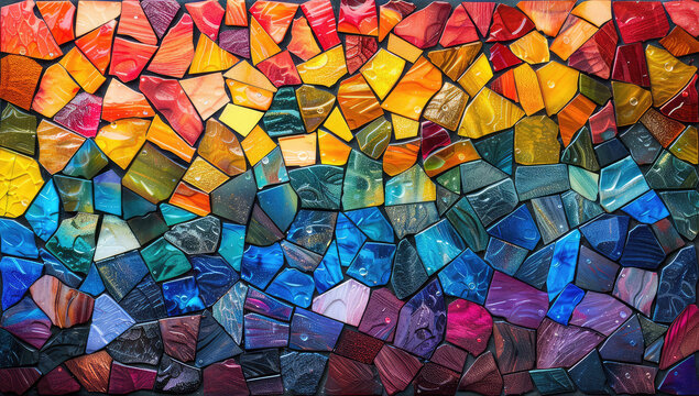  A vibrant mosaic of colorful glass fragments, forming an abstract background with a sense of depth and texture. Created with Ai