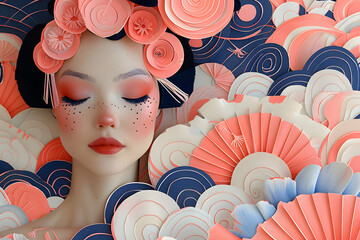 Creative paper cut poster with Asian women's face and floral patterns