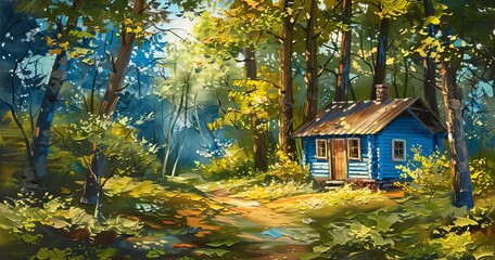 Painting of a summer forest house in oil