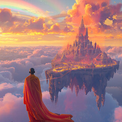 Dream Sculptor, flowing robes, ethereal being, crafting a dream city floating in the sky, under a rainbow sky, 3D render, golden hour, lens flare
