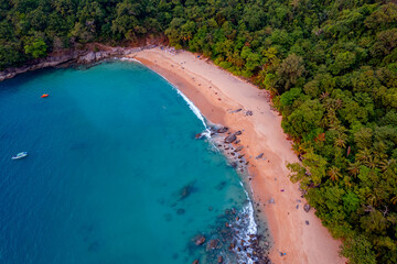 Paradise Thai Phuket, blue sea and sand beach with sunset, travel photo Thailand by drone, aerial top view