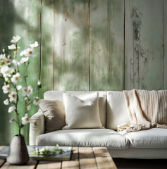 Template of white sofa with a light green wooden wall, scandi farmhouse room. Interior mockup with clean walls for pictures, posters, paintings, sculptures, and other wall art. 