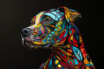 illustration oil painting, patten psychedelic a Pit Bull Terrier, black background - obrazy, fototapety, plakaty