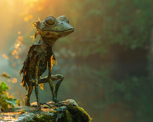 Kappa, river-dwelling imp, mischievous water sprite, playing pranks on unsuspecting travelers, misty riverbank, realistic, golden hour lighting, lens flare