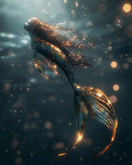 Mermaid, iridescent scales, mythical sea creature, gracefully swimming under a moonlit sky, casting a shimmering trail 3D render, Underwater lighting, Depth of field bokeh effect