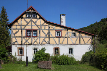 Fototapeta na wymiar A half-timbered wooden residential house in the old town of Gerolstein, Eifel region in Germany