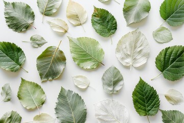 The delicate arrangement of leaves on a pristine spring white background - obrazy, fototapety, plakaty