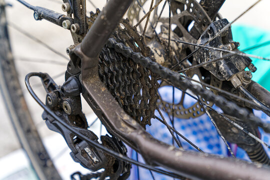 Close-up of bicycle part with backside change gear Shimano SLX of male BMC city bicycle outdoors on a spring day. Photo taken April 7th, 2024, Zurich, Switzerland.
