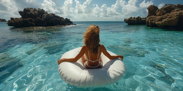 Beautiful Young Woman Taking A Sunbath On A White Air Mattress In The Sea