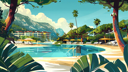Illustration of a postcard with a tropical resort and pool on it. Vintage illustration style.