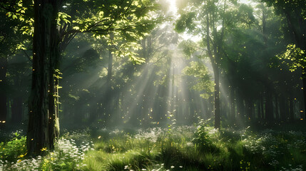 Fototapeta na wymiar Sunbeams illuminate tranquil grove - Ai Generated
