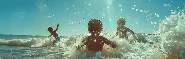 kids having fun in the water against the sun