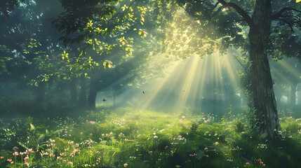 Sunbeams illuminate tranquil grove - Ai Generated