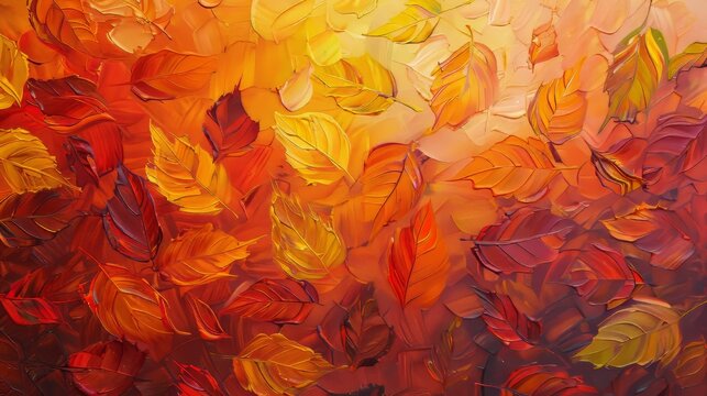 An original oil painting on canvas depicting autumn leaves on a warm fall background