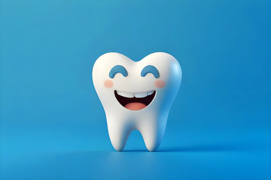 White cartoon cheerful healthy tooth with blue eyes and smiling face. Health and dentistry concept.
