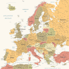 Europe - Highly Detailed Vector Map of the Europe. Ideally for the Print Posters. Vintage Warm Colors. Retro Style - obrazy, fototapety, plakaty