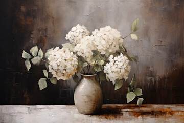 Dark vintage oil painting, white hydrangea flower in a vase on the table, still life. - obrazy, fototapety, plakaty