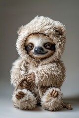 Fototapeta premium A cozy plush sloth peeks out from a furry hood