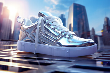 A pair of metallic silver sneakers with holographic accents, on a futuristic cityscape backdrop. - Powered by Adobe
