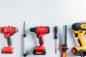 A set of electric power tools, including a drill, saw, and sander, laid out neatly on a white background.