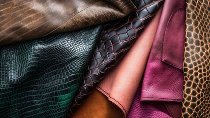 Exotic Leather Samples in Various Colors and Textures, Earthy Tones - Textured Leather Material Swatches