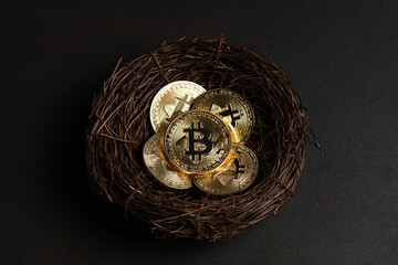 Minimal investing concept. Gold Bitcoin coins in nest on dark background.