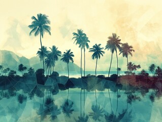 A tropical scene with palm trees and a body of water