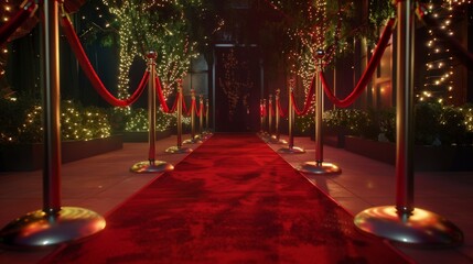 Red carpet at night, velvet ropes and framing the carpet