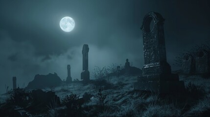 Graveyard under the veil of night, where tombstones stand sentinel amidst swirling fog - obrazy, fototapety, plakaty