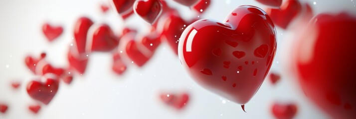 3D composition featuring a cluster of glossy red hearts suspended against a clean white backdrop
