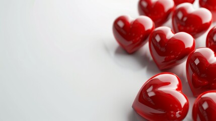 Vibrant red hearts arranged artistically on a pristine white background