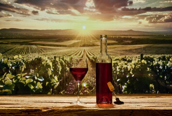 Red wine bottle and glass on wooden table. Rows of grapevines in vineyard on background. Essence of...