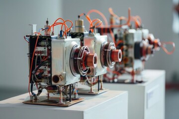 A series of electric transformers, with their coils and wires visible, arranged on a white surface. - obrazy, fototapety, plakaty