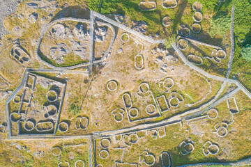 Aerial drone view of the archaeological site of the Citania of Santa Luzia, ruins of a hillfort in Viana do Castelo.