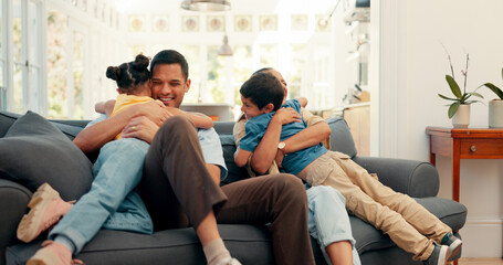 Family hug, excited and talking on the sofa with love, care and bonding in a house together. Happy,...