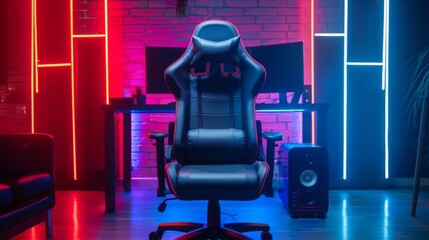 Sleek high-end gaming chair set against a dynamic neon-lit gaming setup