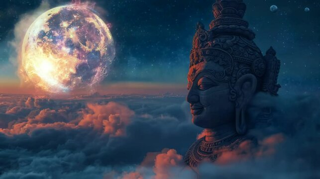illustration of a statue of a Hindu god on a cloud that is so beautiful. seamless looping time-lapse virtual 4k video Animation Background.