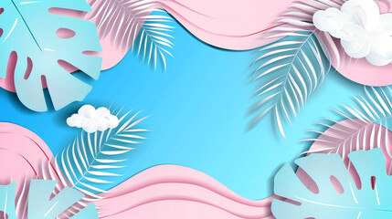 Fototapeta na wymiar Tropical summer scene background with beach vacation holiday theme with pink waves layer, blue sky and copy space.