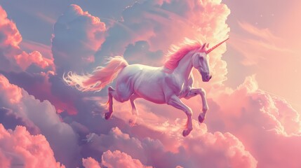 Majestic white unicorn standing gracefully against a dreamy backdrop of soft pink shades and fluffy clouds - obrazy, fototapety, plakaty
