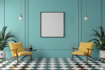 Frame & poster mockup in with Retro living room with checkered floor Classic furniture