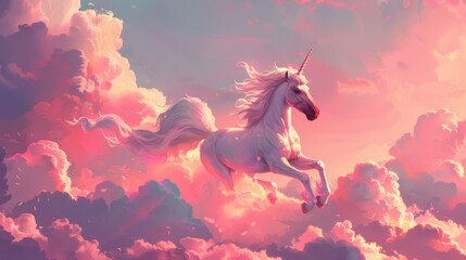 Majestic white unicorn standing gracefully against a dreamy backdrop of soft pink shades and fluffy clouds